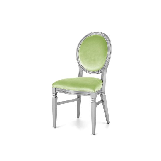 Silver wood Chandelle chair with an oval backrest and velvet upholstery, elegant seating for weddings, gala dinners, corporate events, and luxury receptions.