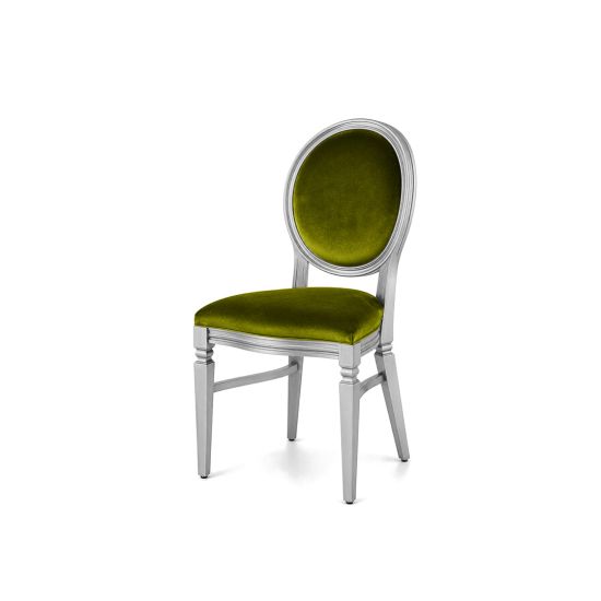 Silver wood Chandelle chair with an oval backrest and velvet upholstery, elegant seating for weddings, gala dinners, corporate events, and luxury receptions.