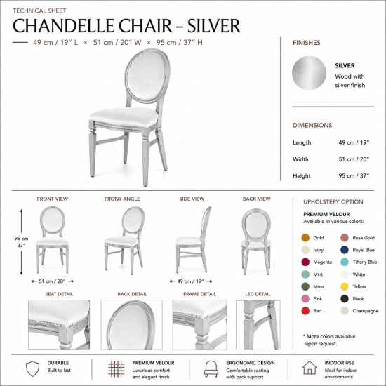 Silver wood Chandelle chair with an oval backrest and velvet upholstery, elegant seating for weddings, gala dinners, corporate events, and luxury receptions.