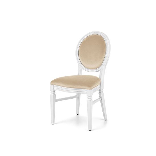 White wood Chandelle chair with an oval backrest and velvet upholstery, elegant seating for weddings, gala dinners, corporate events, and luxury receptions.