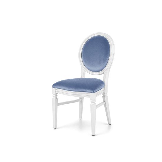 White wood Chandelle chair with an oval backrest and velvet upholstery, elegant seating for weddings, gala dinners, corporate events, and luxury receptions.