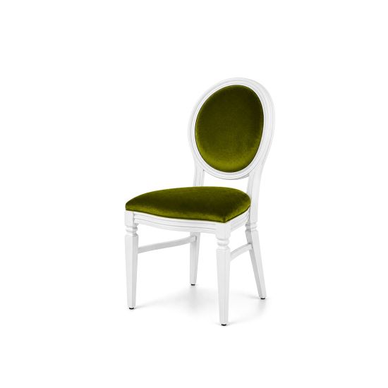White wood Chandelle chair with an oval backrest and velvet upholstery, elegant seating for weddings, gala dinners, corporate events, and luxury receptions.