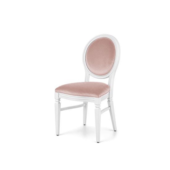 White wood Chandelle chair with an oval backrest and velvet upholstery, elegant seating for weddings, gala dinners, corporate events, and luxury receptions.