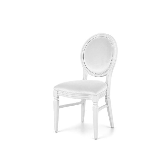 White wood Chandelle chair with an oval backrest and velvet upholstery, elegant seating for weddings, gala dinners, corporate events, and luxury receptions.