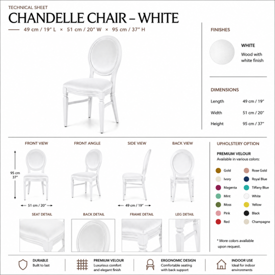 White wood Chandelle chair with an oval backrest and velvet upholstery, elegant seating for weddings, gala dinners, corporate events, and luxury receptions.