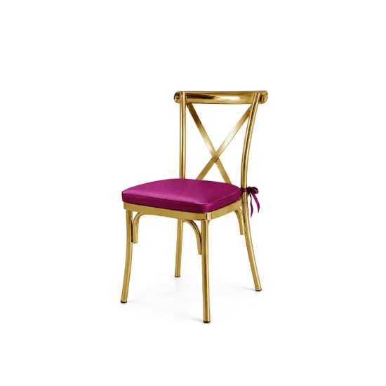 Gold metal cross-back armless banquet chair with Fucshia seat cushion