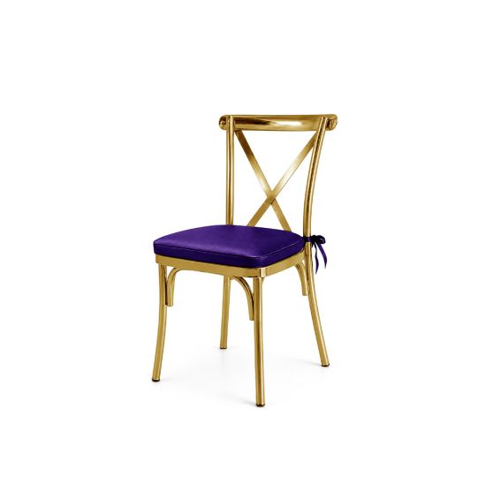 Gold metal cross-back armless banquet chair with Purple seat cushion
