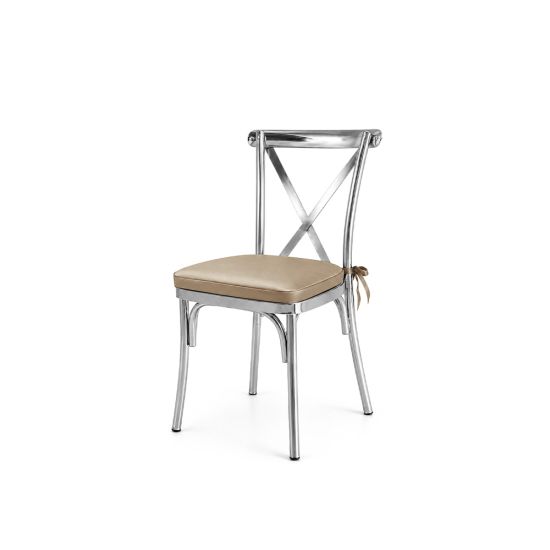 Silver metal cross-back armless banquet chair with Champagne seat cushion