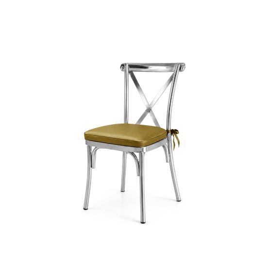 Silver metal cross-back armless banquet chair with Golds eat cushion