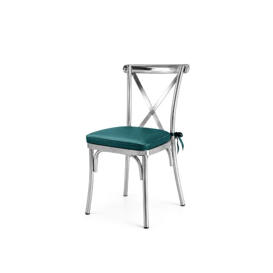 Silver metal cross-back armless banquet chair with Teal seat cushion
