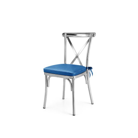 Silver metal cross-back armless banquet chair with Turquoise seat cushion