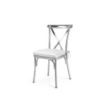 Silver metal cross-back armless banquet chair with white seat cushion