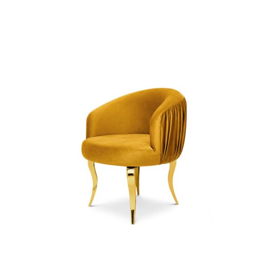 reflection armchair with curved backrest, pleated side detailing, and sleek silver mirrored legs, designed for luxury lounge and event seating.