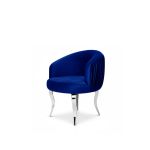 royal blue velvet reflection armchair with curved backrest, pleated side detailing, and sleek silver mirrored legs, designed for luxury lounge and event seating.