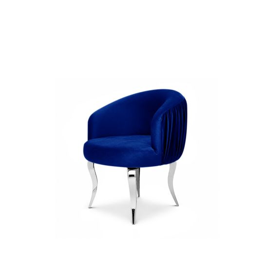 royal blue velvet reflection armchair with curved backrest, pleated side detailing, and sleek silver mirrored legs, designed for luxury lounge and event seating.