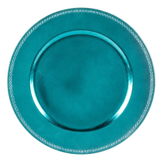 Aqua beaded rim charger plate with glossy glass finish and raised beaded edge, vibrant charger for weddings and event table décor