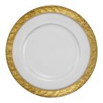 Clear cloud charger plate with soft textured surface and wide gold rim, elegant glass charger for formal weddings and event table décor