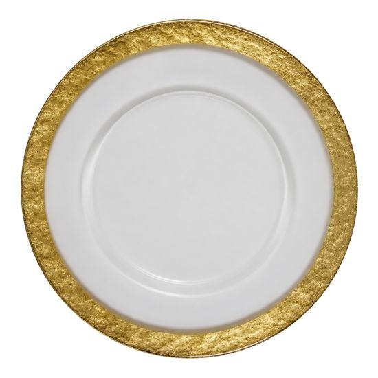 Clear cloud charger plate with soft textured surface and wide gold rim, elegant glass charger for formal weddings and event table décor