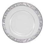 Clear cloud charger plate with subtle texture and wide silver rim, refined glass charger for formal weddings and upscale events