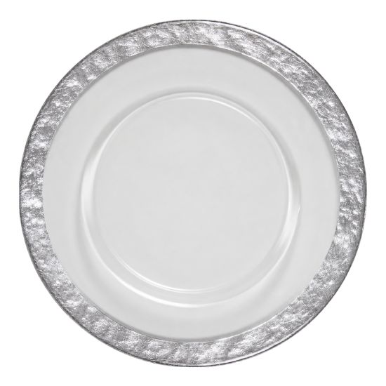 Clear cloud charger plate with subtle texture and wide silver rim, refined glass charger for formal weddings and upscale events