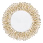 Clear glass charger plate with gold flower-style rim and scalloped edge, elegant statement charger for weddings and upscale events