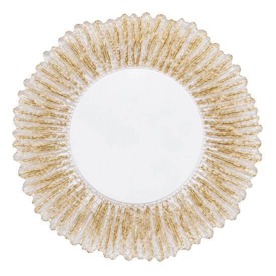 Clear glass charger plate with gold flower-style rim and scalloped edge, elegant statement charger for weddings and upscale events