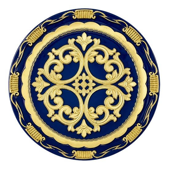 Royal blue florentine charger plate with ornate gold scroll medallion and detailed rim, bold luxury charger for weddings and galas