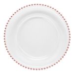 Clear glass beaded charger plate with rose gold beaded rim, romantic metallic charger for weddings and elegant event tables