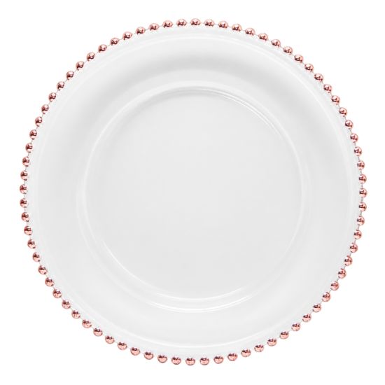 Clear glass beaded charger plate with rose gold beaded rim, romantic metallic charger for weddings and elegant event tables