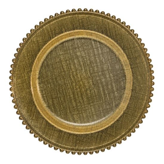 Gold glass plus beaded charger plate with textured surface and raised beaded rim, luxury charger for upscale weddings and gala tables