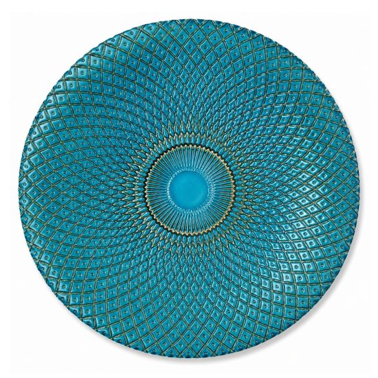 Aqua harlequin charger plate with intricate geometric radial pattern and glossy glass finish, vibrant statement charger for event table décor