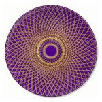 Gold and purple harlequin charger plate with ornate radial geometric pattern and glossy finish, vibrant charger for luxury event tables