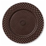 Brown luxe charger plate with raised honeycomb texture and glossy finish, warm-toned glass charger for rustic weddings and event tables