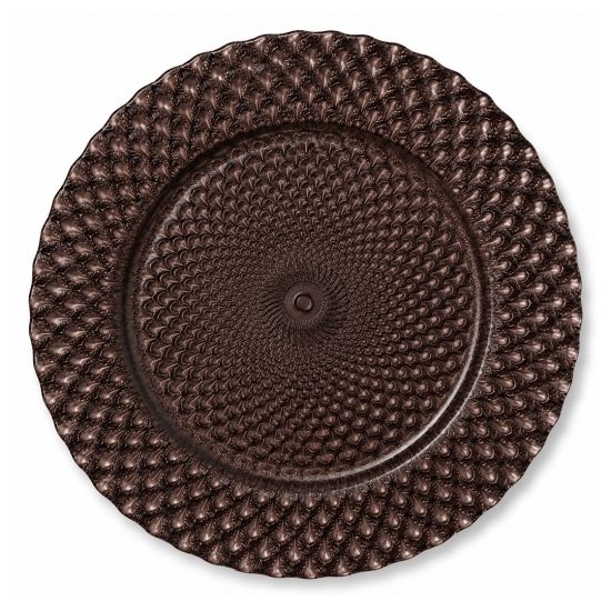 Brown luxe charger plate with raised honeycomb texture and glossy finish, warm-toned glass charger for rustic weddings and event tables