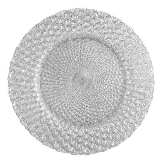 Silver shiny luxe charger plate with raised honeycomb texture and reflective metallic glass finish, glamorous charger for event table décor