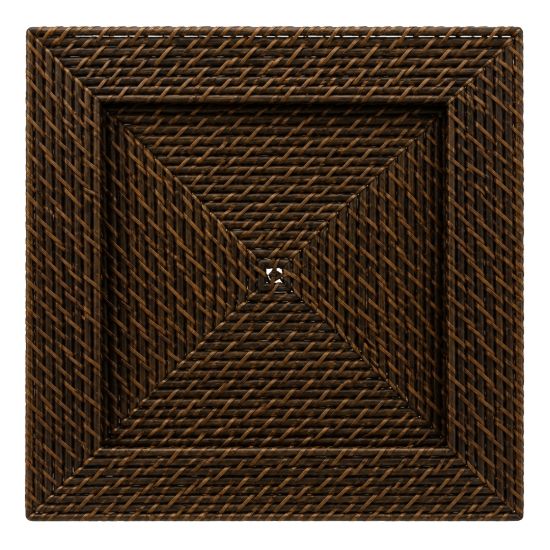 Dark brown square rattan charger plate with woven basket texture and raised border, rustic charger for outdoor events and weddings