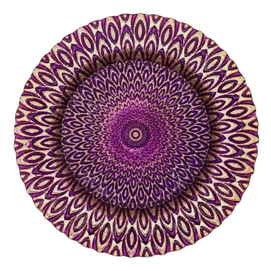 Solid purple ritz charger plate with ornate radial glass texture and scalloped edge, bold statement charger for weddings and gala tables