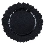 Black reef charger plate with organic textured glass surface and irregular scalloped edge, bold modern charger for upscale event tables