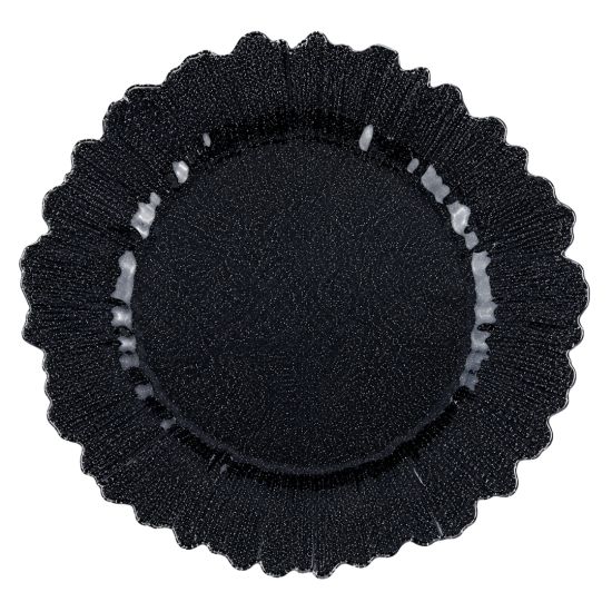 Black reef charger plate with organic textured glass surface and irregular scalloped edge, bold modern charger for upscale event tables