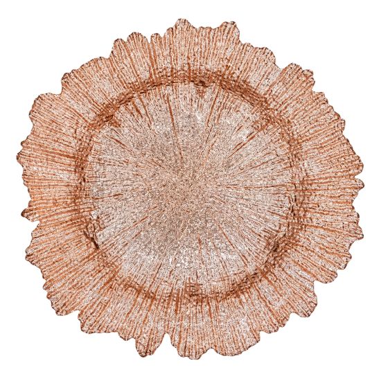 Copper reef charger plate with organic textured glass surface and scalloped irregular edge, warm metallic charger for elegant event tables