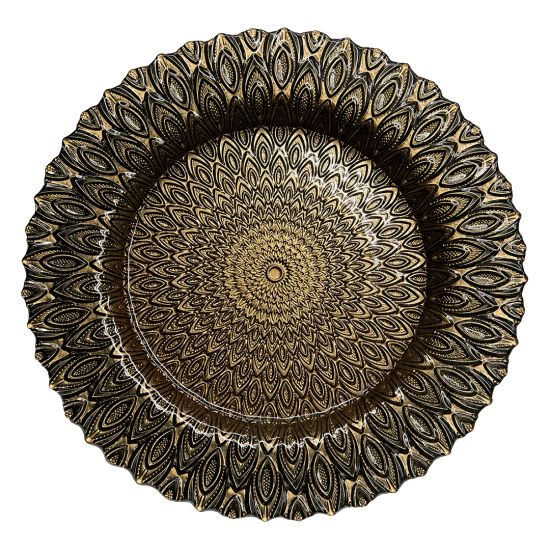 Copper ritz charger plate with ornate radial glass texture and darker rim, warm-toned statement charger for weddings and event tables