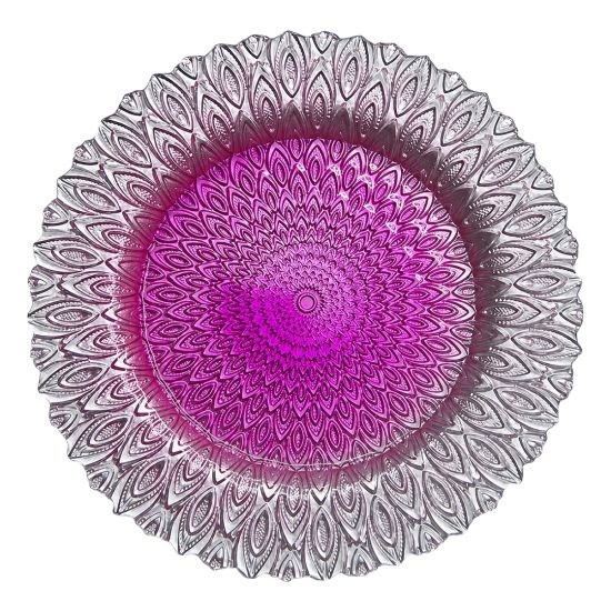 Fuchsia ritz charger plate with ornate radial glass texture and scalloped edge, vibrant statement charger for weddings and event décor
