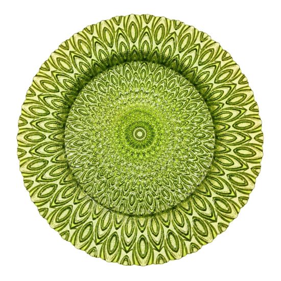 Solid green ritz charger plate with detailed radial glass texture and scalloped edge, vibrant charger for weddings and event table décor