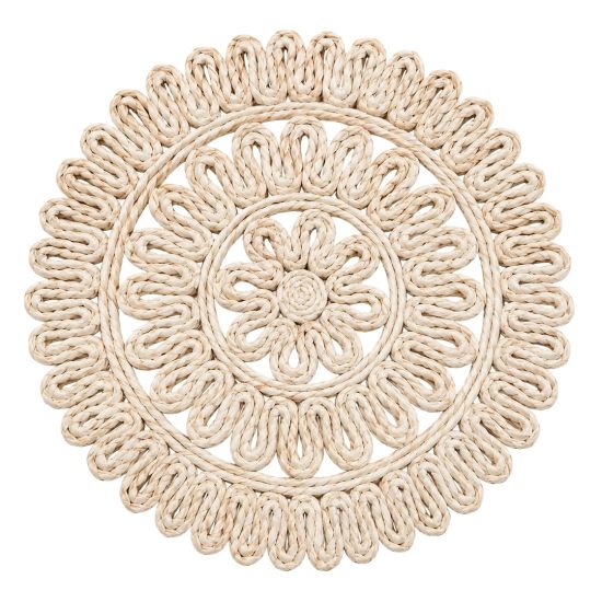 Woven sevilla placemat charger plate with intricate looped rattan design, natural boho charger for rustic weddings and outdoor events