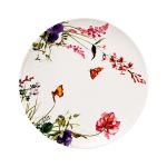 Luxury white dinner plate with vibrant floral bouquet artwork featuring roses, tulips, and botanical blooms
