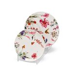 Luxury white dinner plate with vibrant floral bouquet artwork featuring roses, tulips, and botanical blooms