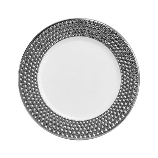 Elegant white dinner plate with silver beaded rim and decorative raised pearl border