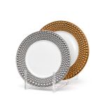 Elegant white dinner plate with silver beaded rim and decorative raised pearl border