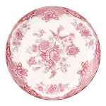 Pink and white floral ceramic dinner plates with ornate vintage pattern and decorative border displayed on stand for elegant table settings