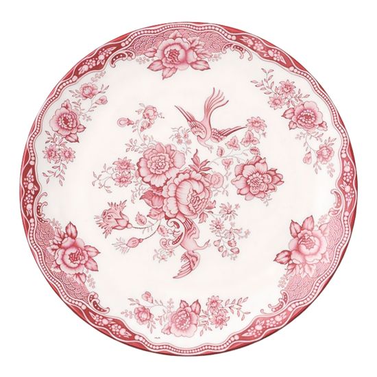 Pink and white floral ceramic dinner plates with ornate vintage pattern and decorative border displayed on stand for elegant table settings